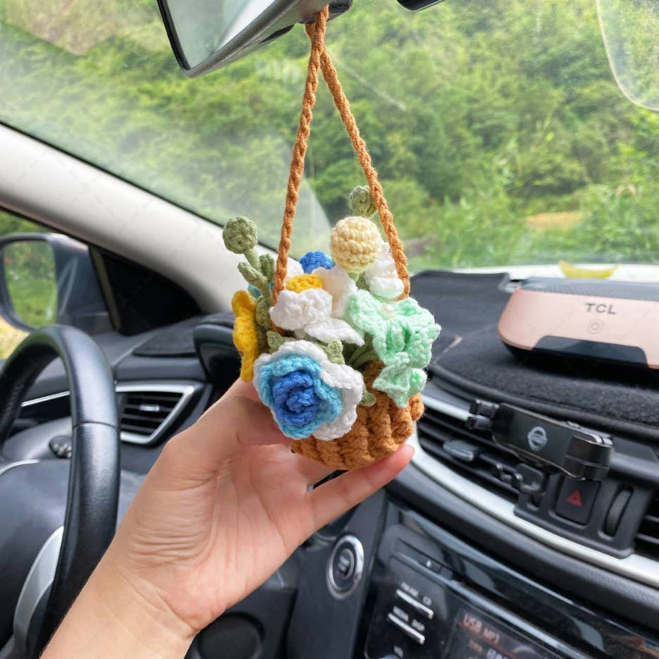 Crochet Flower Pot Car Mirror Hanging Charm, Car Plant Decor