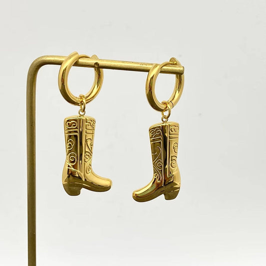 Western Style 18K Gold Plated SS Boots Huggie Earrings