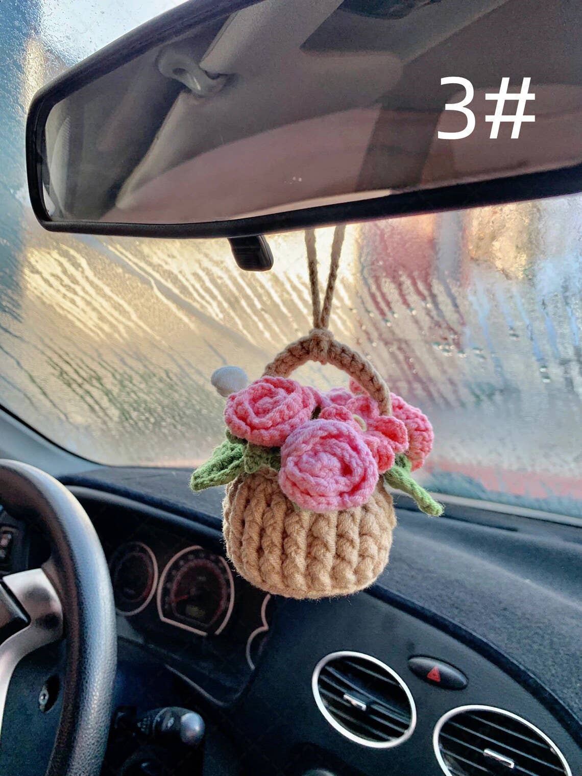 Crochet Flower Car Mirror Hanging Pendant, Car Plant Hanging