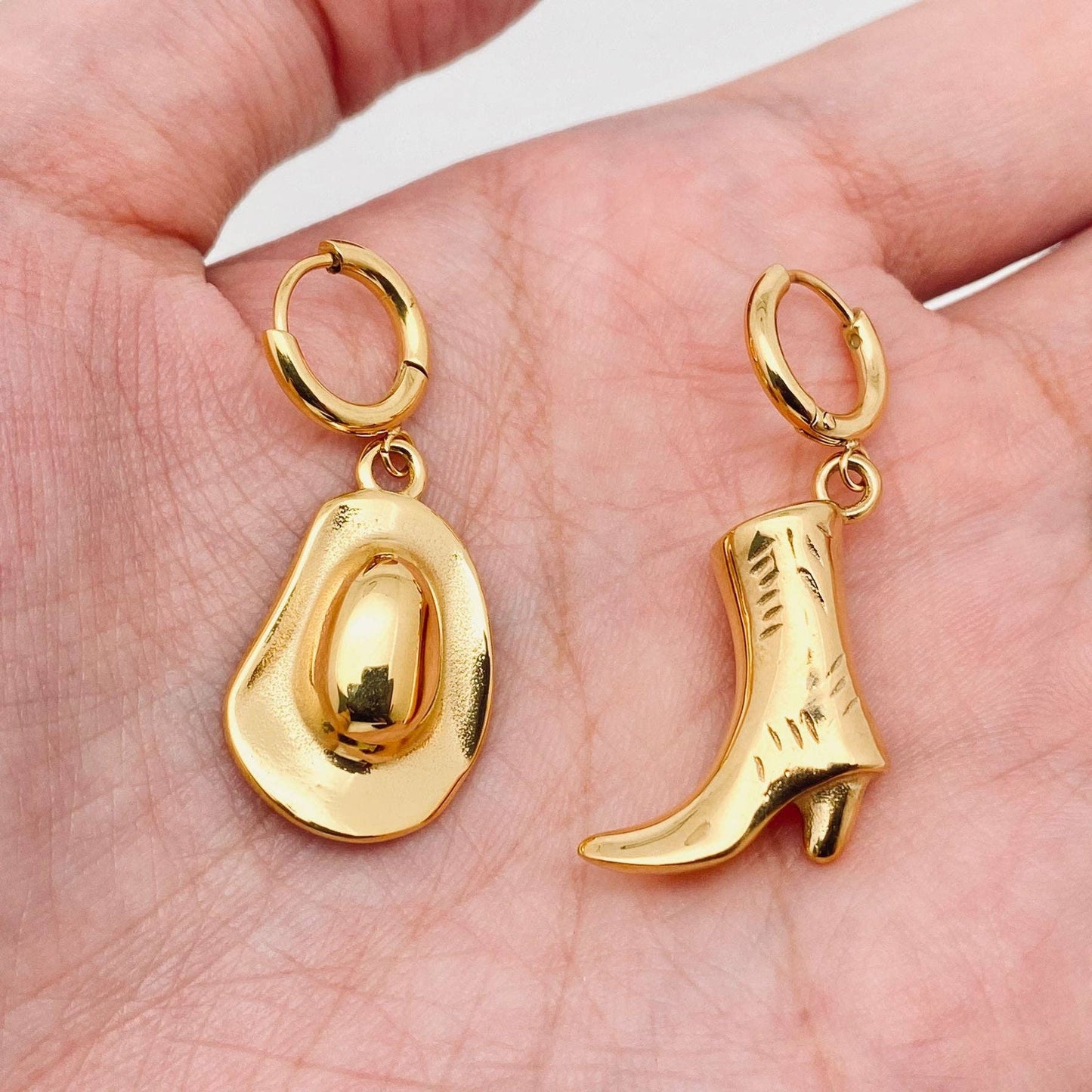 Western Cowgirl Hat Boot Asymmetric Huggie Earrings - FGS/WJ