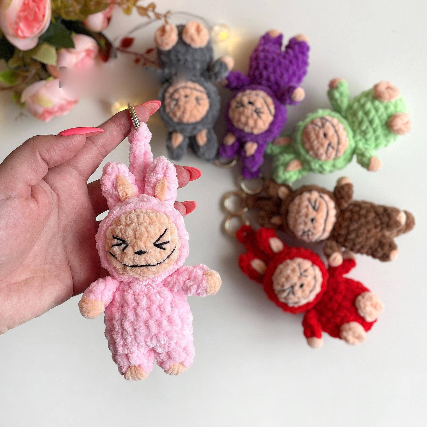 Smiling Bunny Keychain Crochet, Handmade Labubu Decor, Gift