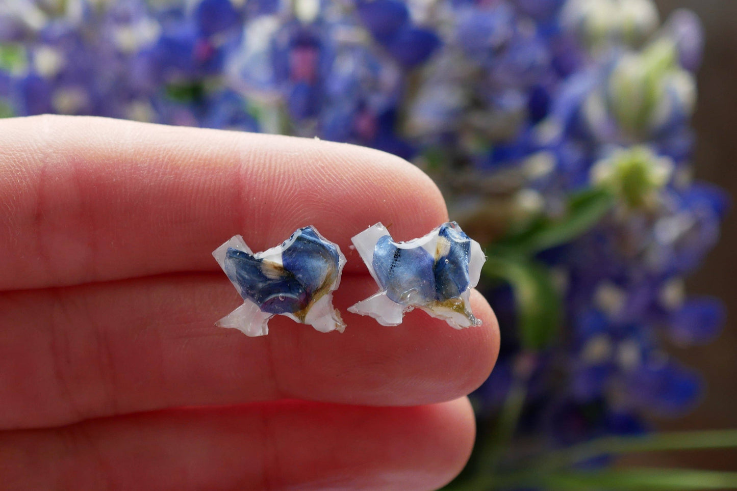 Texas shaped pressed bluebonnet stud earrings
