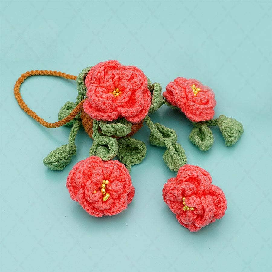 Crochet Peony Flower Plant Basket Car Mirror Hanging Pendant