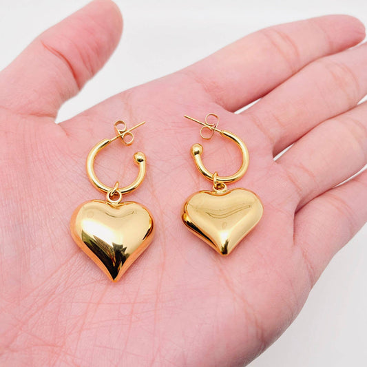 18K Gold Plated Stainless Steel Heart Charm Earrings - FGS