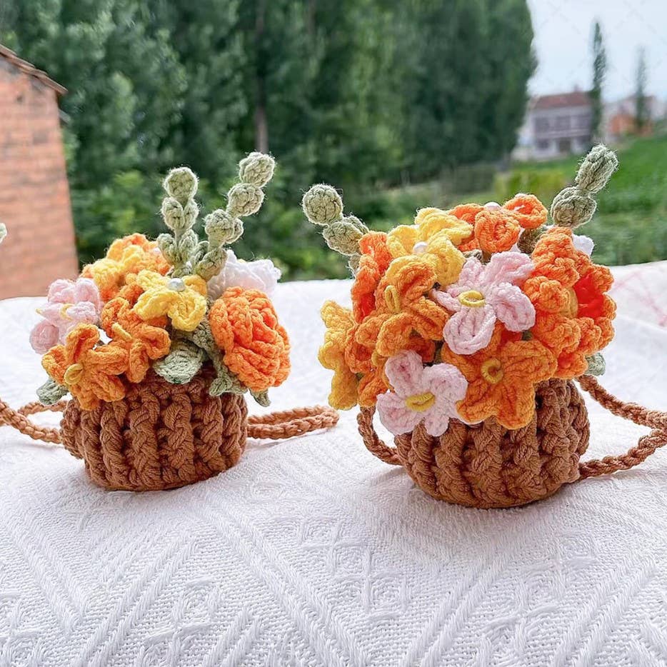 Crochet Flower Pot Car Mirror Hanging Charm, Car Plant Decor