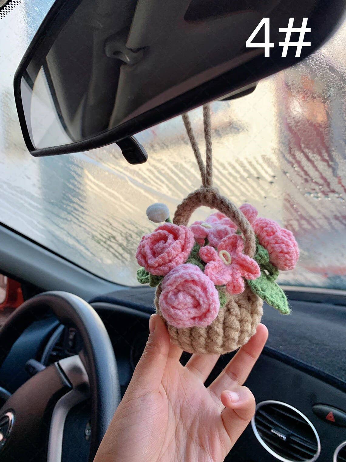 Crochet Flower Car Mirror Hanging Pendant, Car Plant Hanging