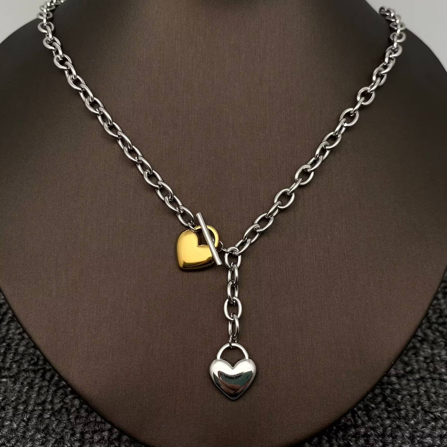 Two Tone Heart Charm Y-neck Chain Necklace
