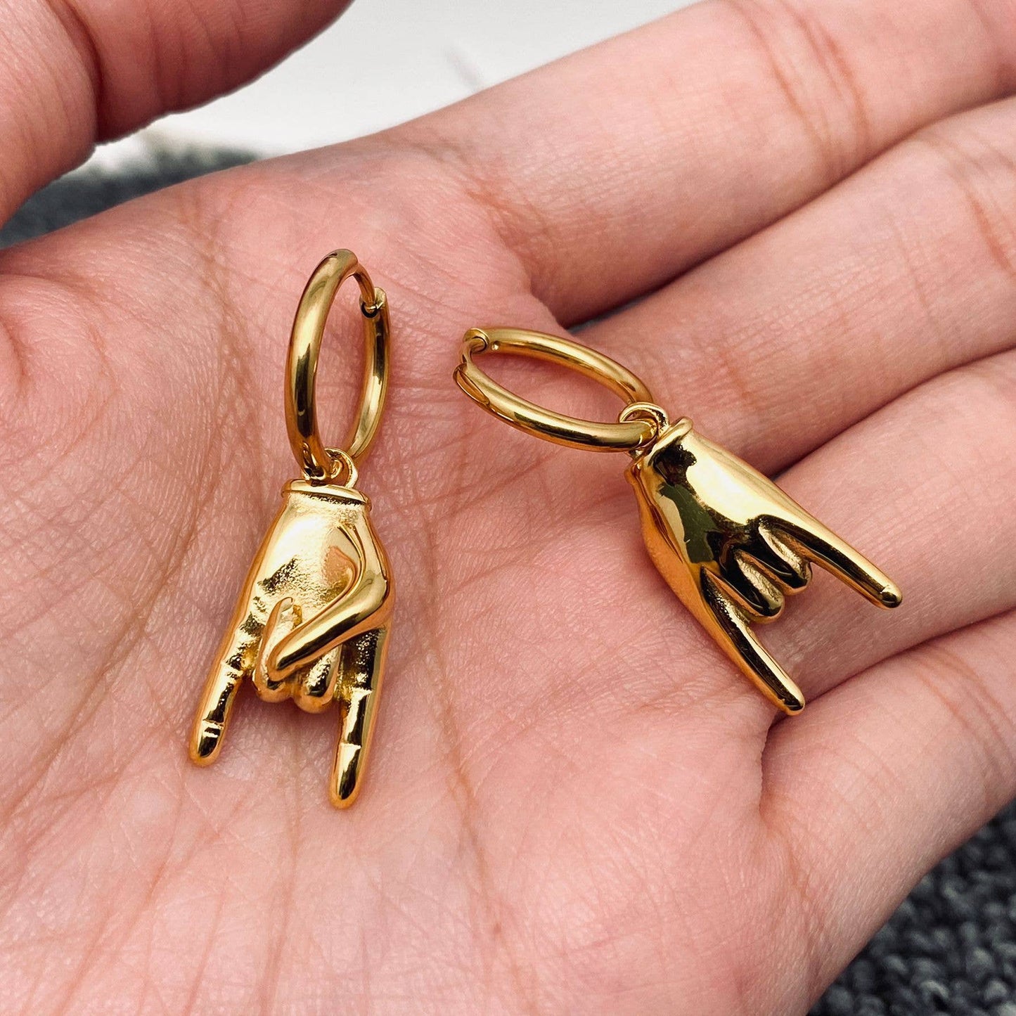 18K Gold Plated Rock & Roll Gesture Charm Huggie Earring