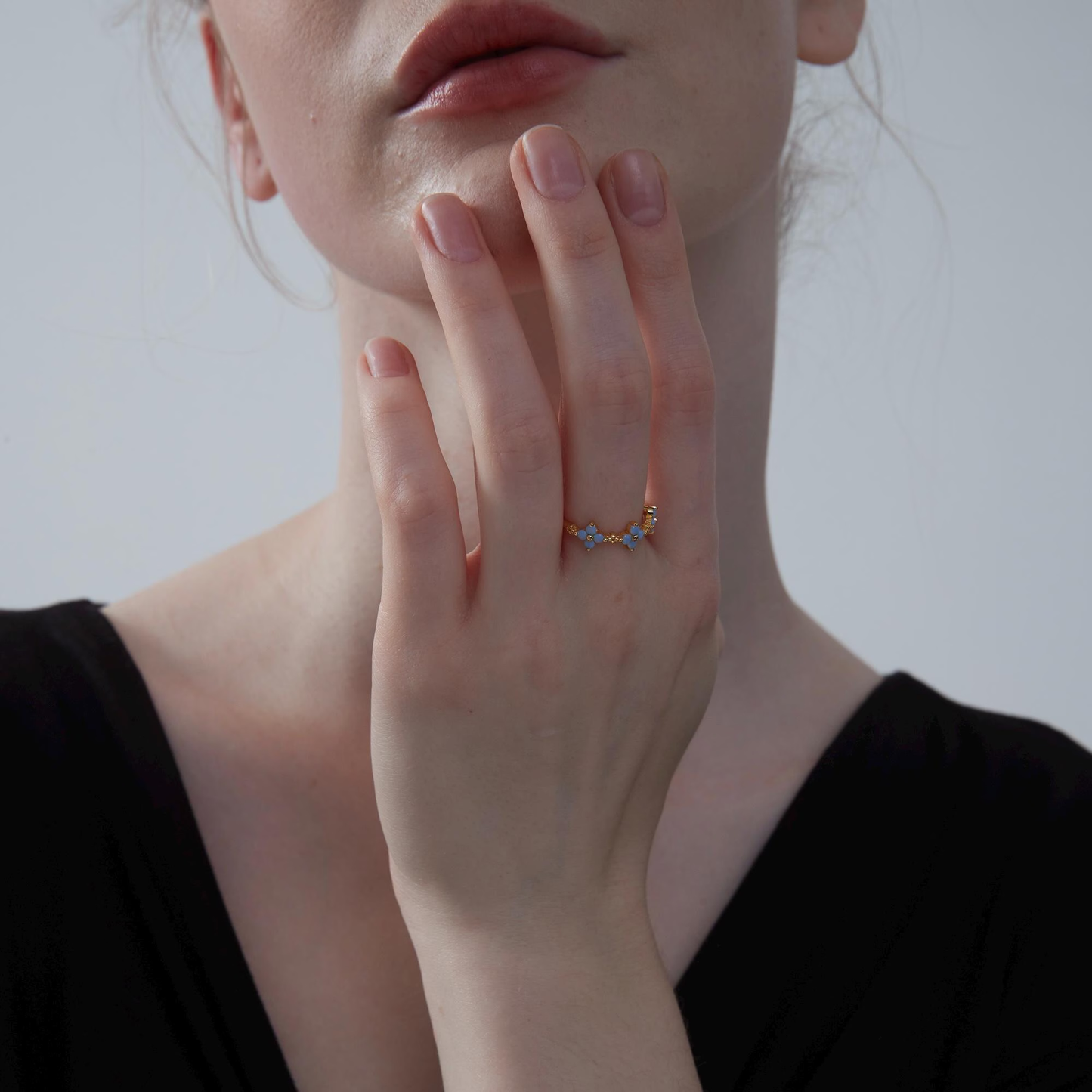 Dainty Gold Blue Flower Stacking Ring in 925 Sterling Silver