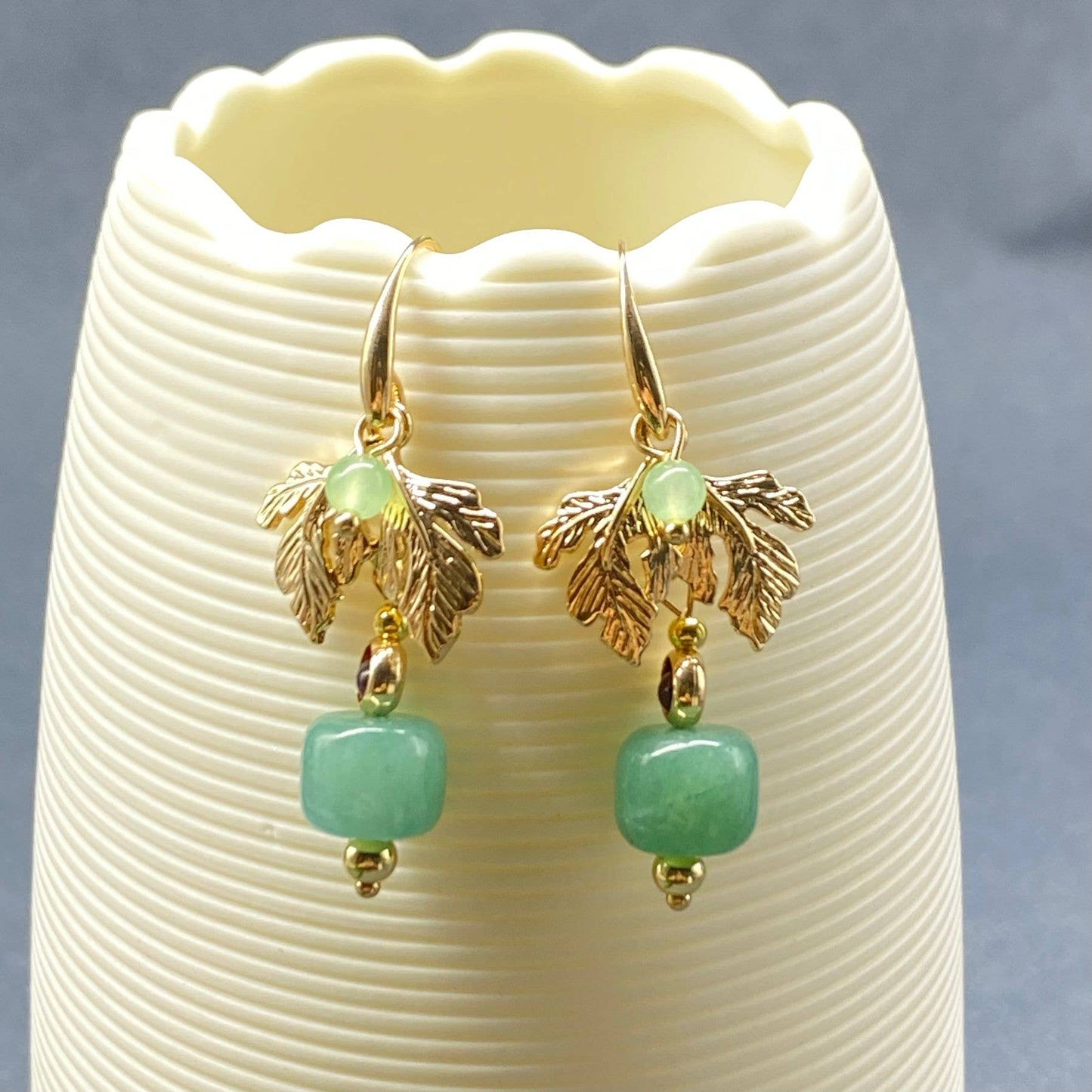 Green Aventurine & Garnet 14K Gold Plated Leaf Dangle Earrings