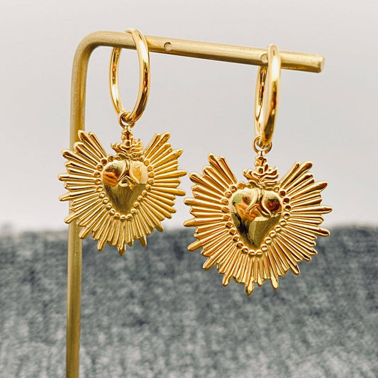 Sacred Heart 18K Gilded Stainless Steel Huggie Earrings
