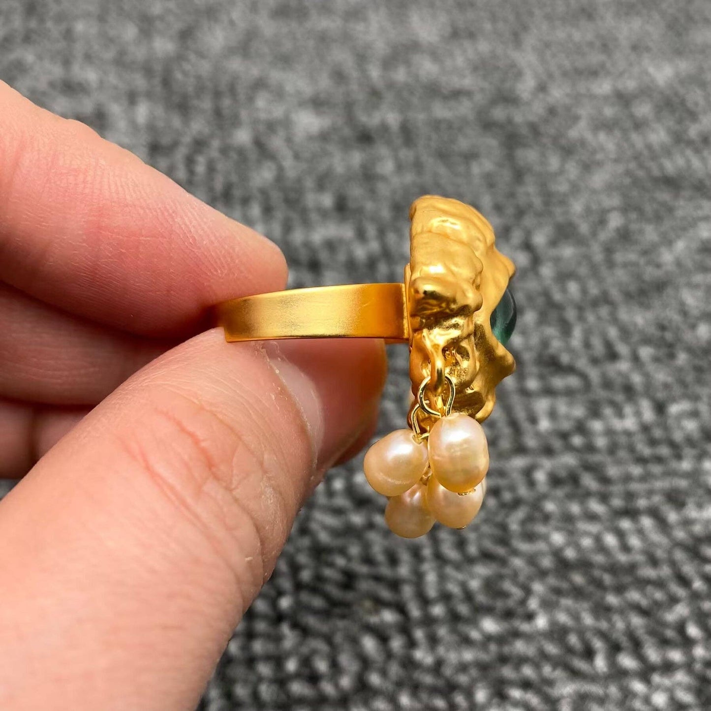 Vintage Pearl fringe Evil Eye Matte gold plating  Adjustable Ring