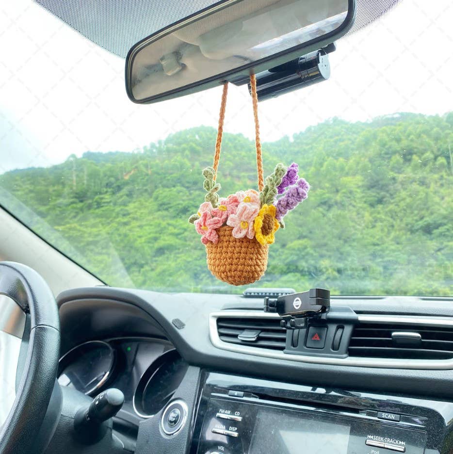 Crochet Flower Pot Car Mirror Hanging Charm, Car Plant Decor