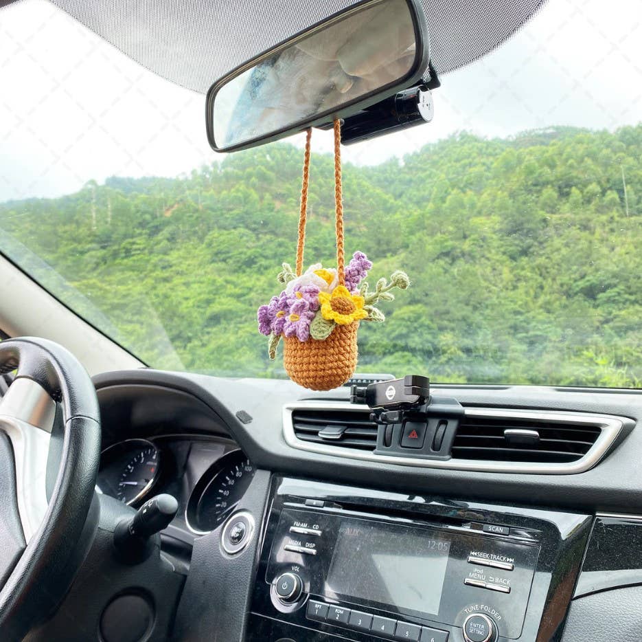 Crochet Flower Pot Car Mirror Hanging Charm, Car Plant Decor