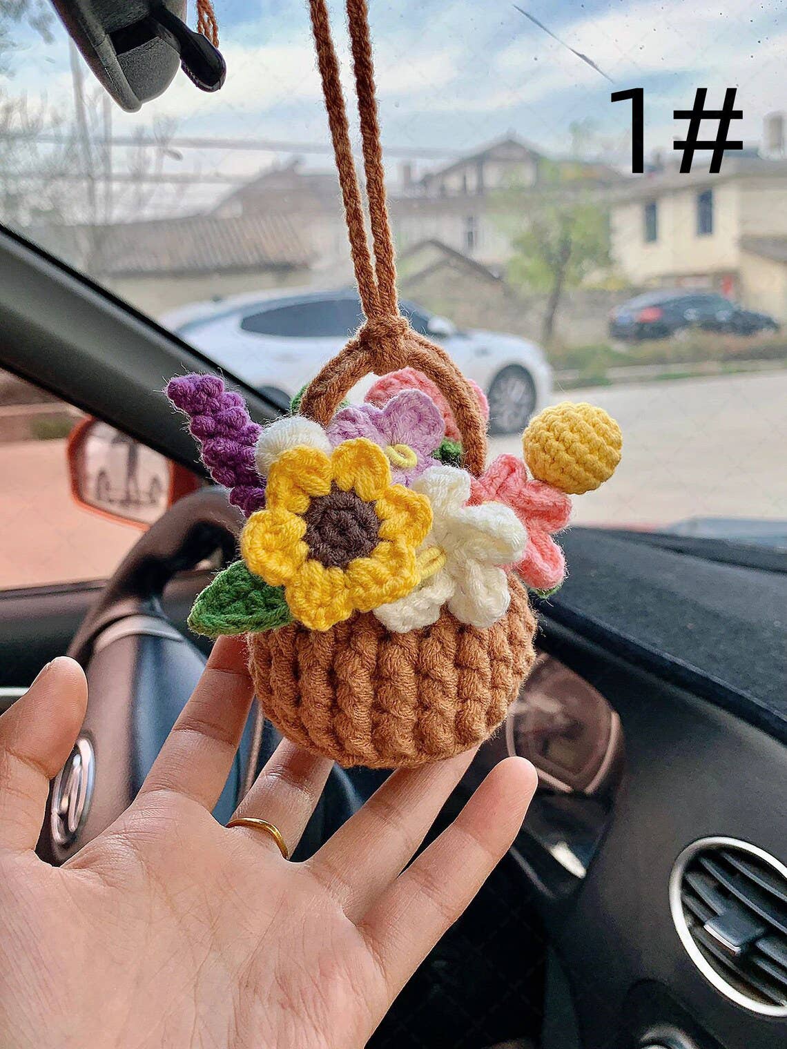 Crochet Flower Car Mirror Hanging Pendant, Car Plant Hanging