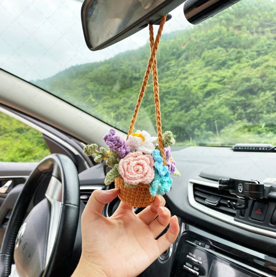 Crochet Flower Pot Car Mirror Hanging Charm, Car Plant Decor