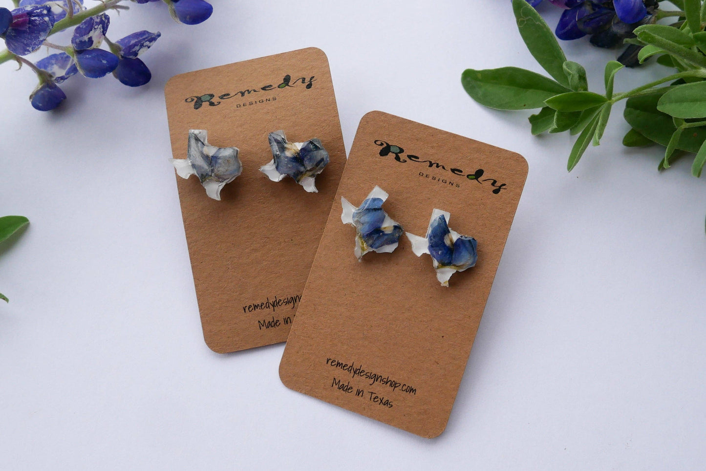 Texas shaped pressed bluebonnet stud earrings