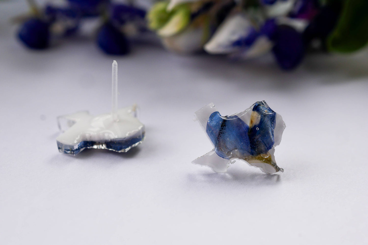 Texas shaped pressed bluebonnet stud earrings