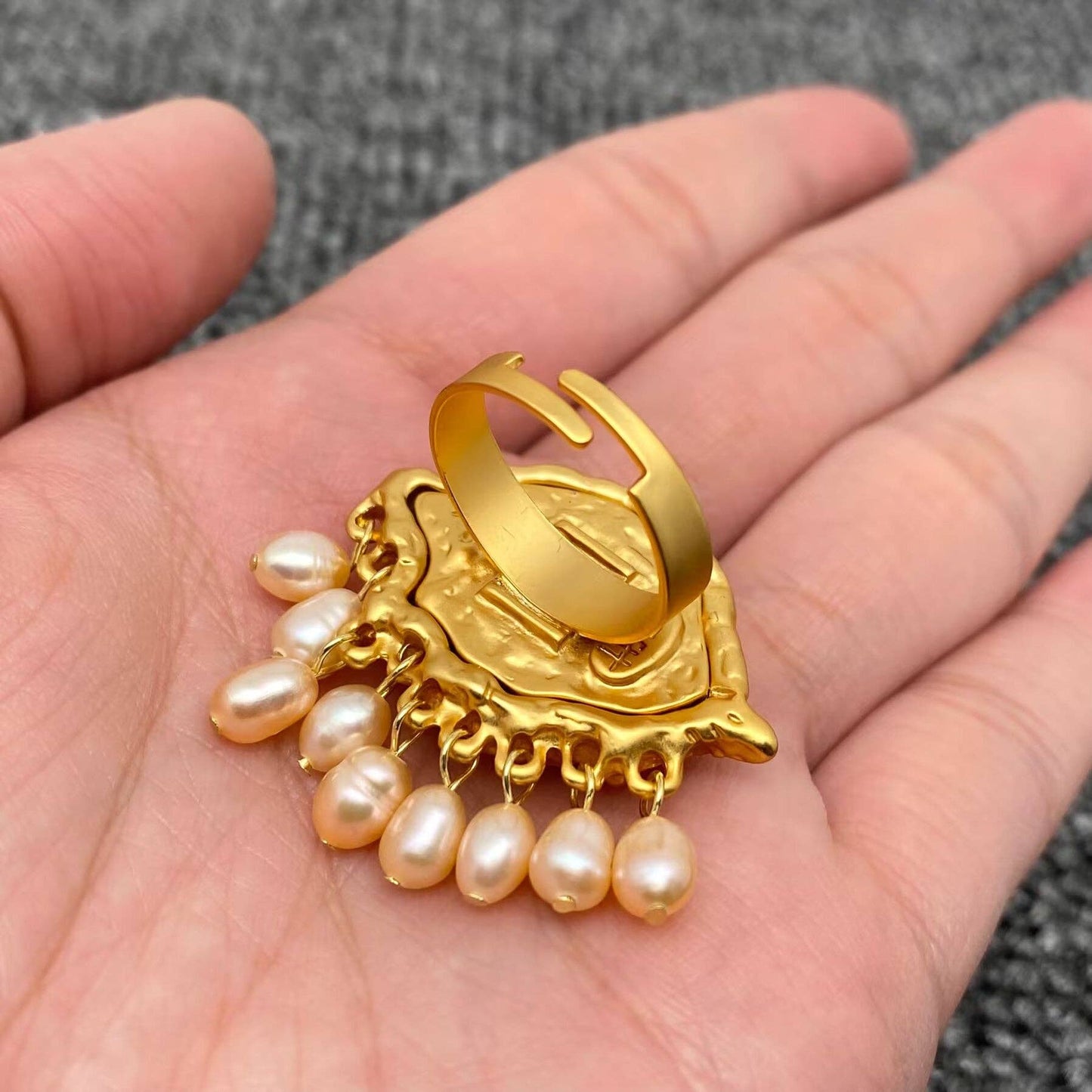 Vintage Pearl fringe Evil Eye Matte gold plating  Adjustable Ring