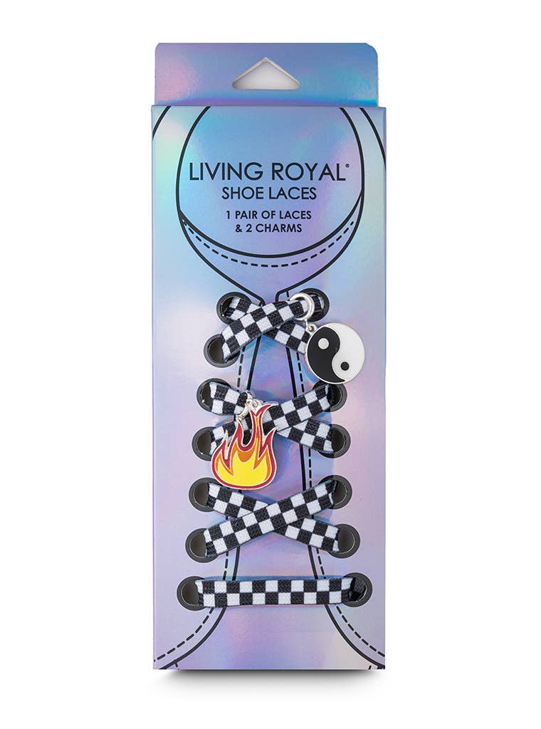 Shoelaces w/ Charms Set - Checkered w/Yin Yang & Fire Charms