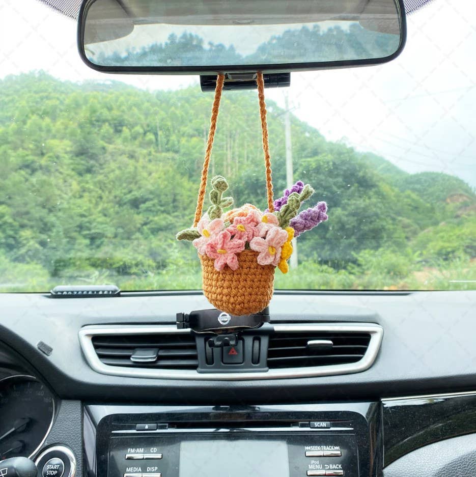 Crochet Flower Pot Car Mirror Hanging Charm, Car Plant Decor