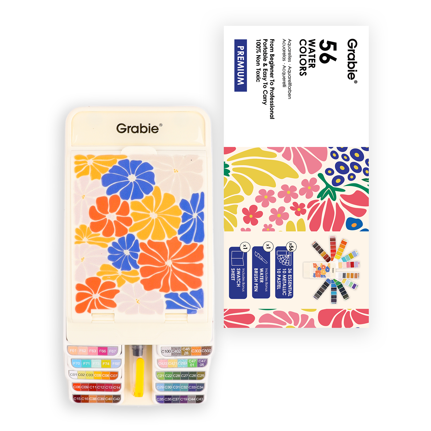 Foldable Watercolor Set Of 56 With Water Brush Pen