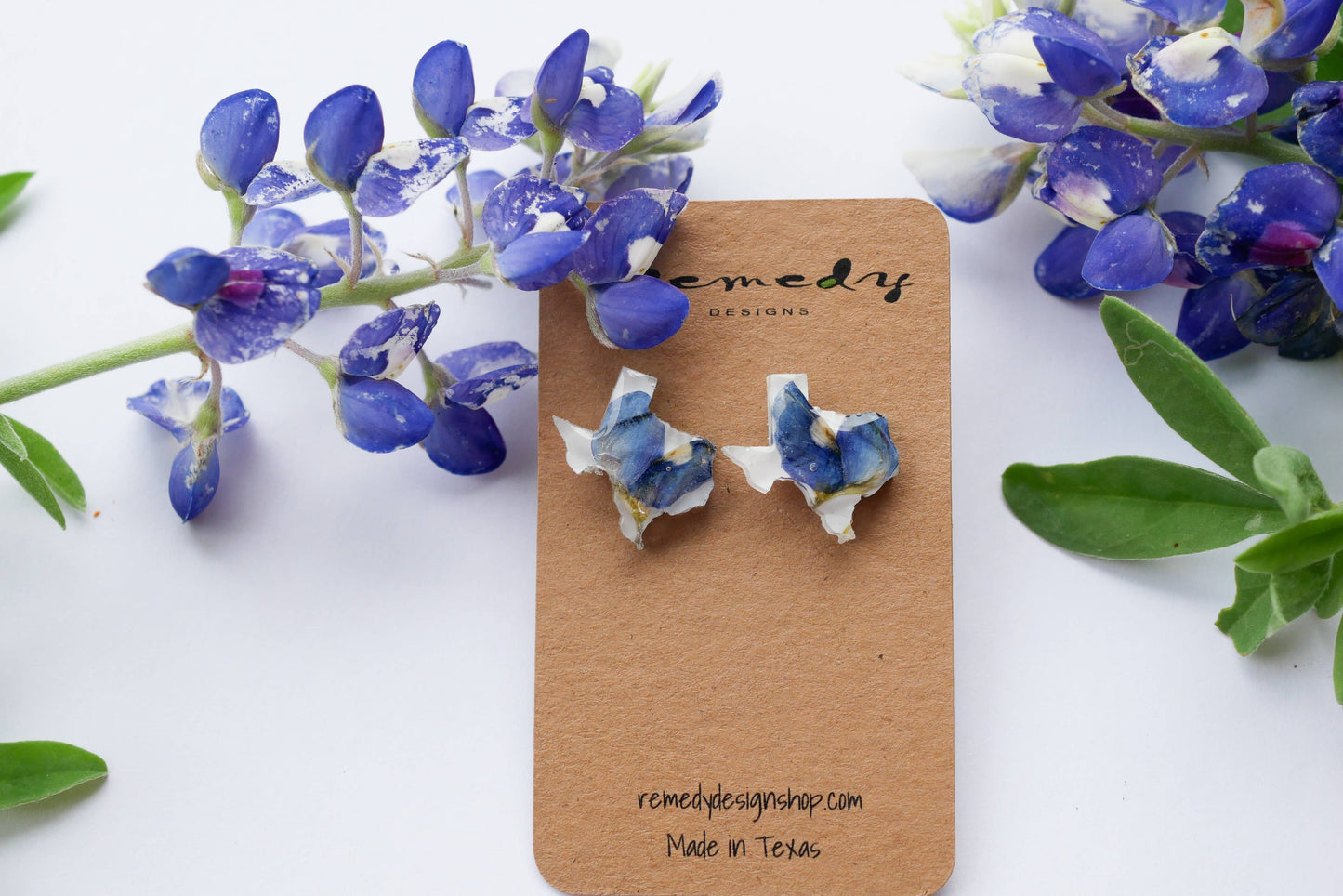 Texas shaped pressed bluebonnet stud earrings