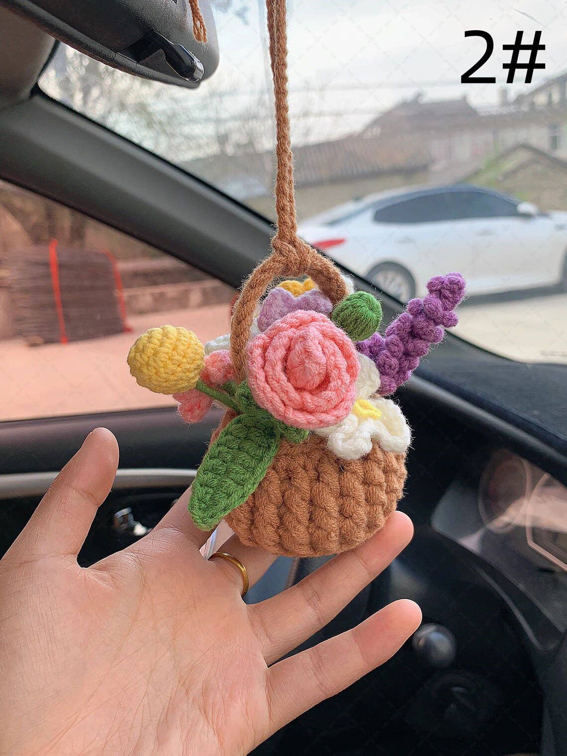 Crochet Flower Car Mirror Hanging Pendant, Car Plant Hanging