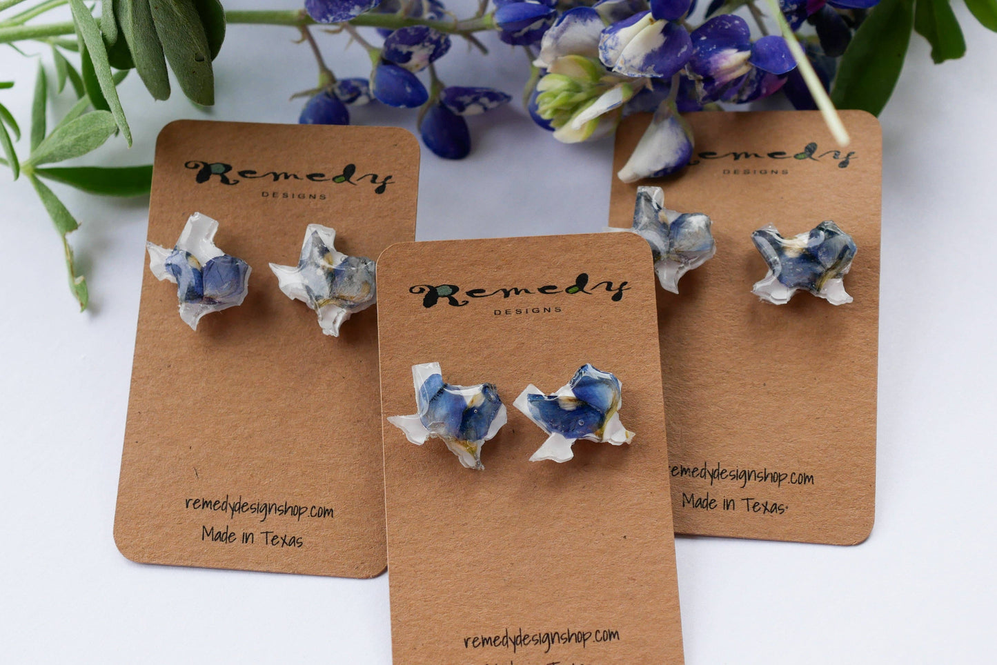 Texas shaped pressed bluebonnet stud earrings