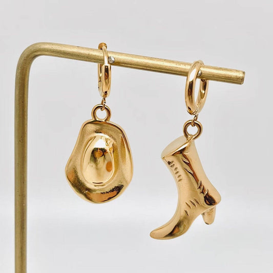 Western Cowgirl Hat Boot Asymmetric Huggie Earrings - FGS/WJ