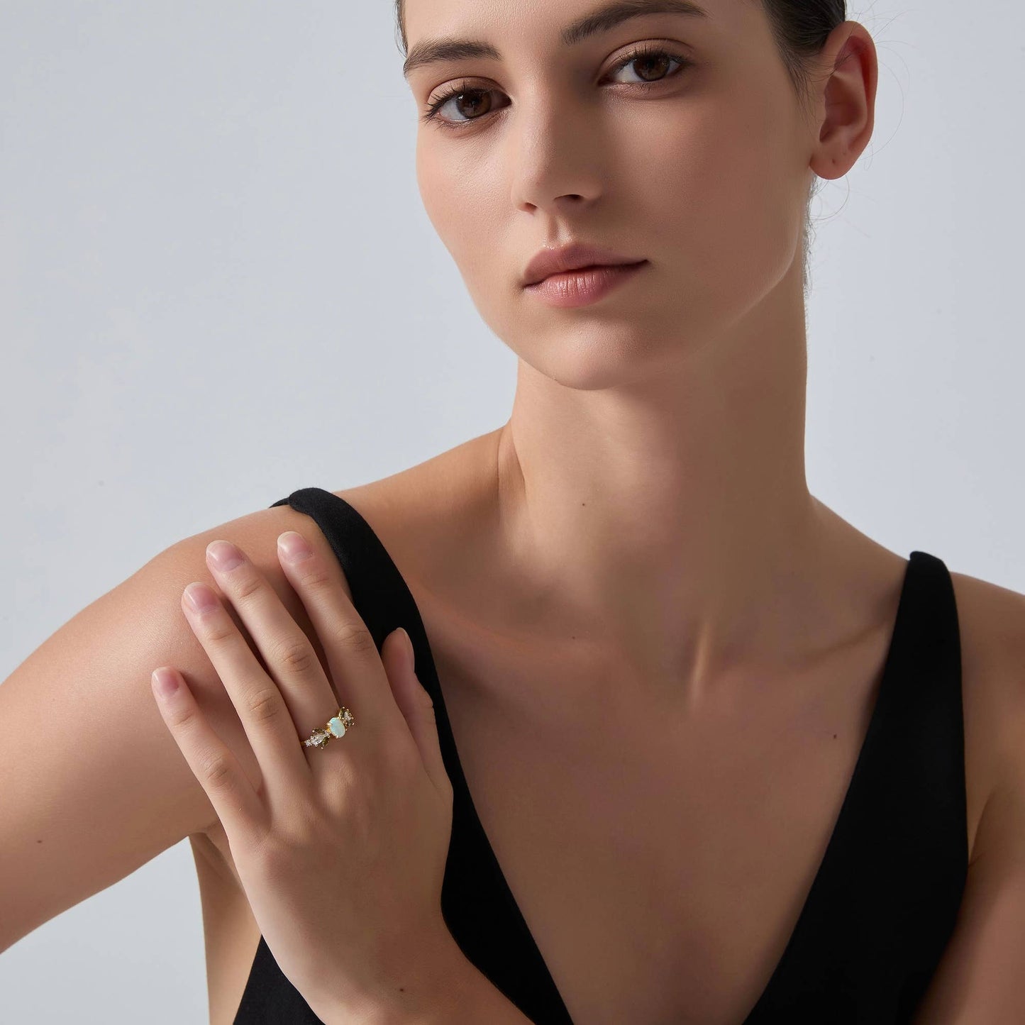 Oval Opal Olive Leaf Stacking Ring in 925 Sterling Silver