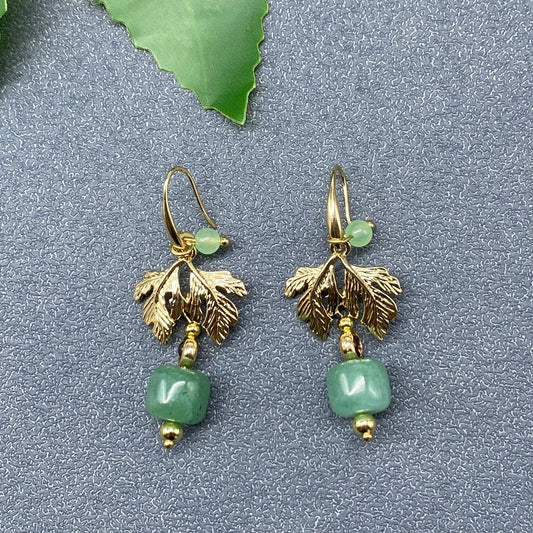 Green Aventurine & Garnet 14K Gold Plated Leaf Dangle Earrings