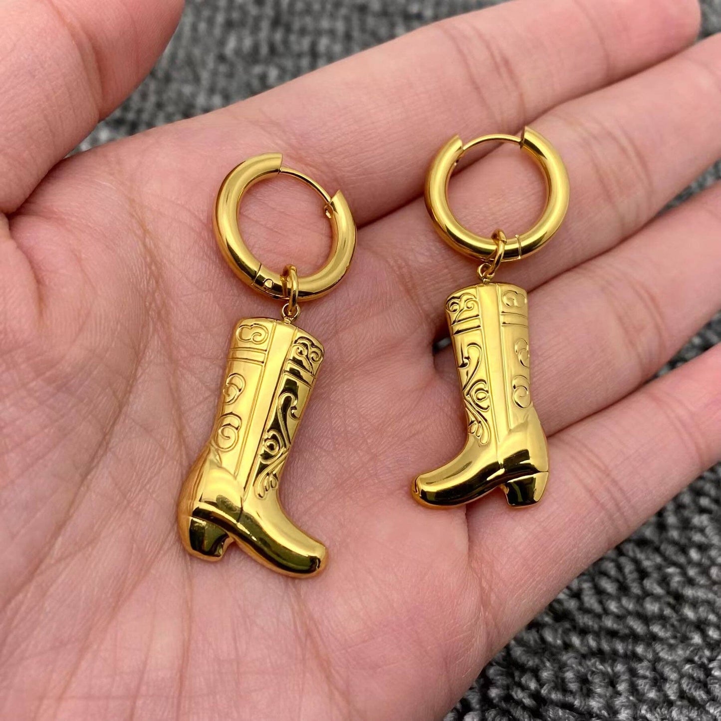 Western Style 18K Gold Plated SS Boots Huggie Earrings