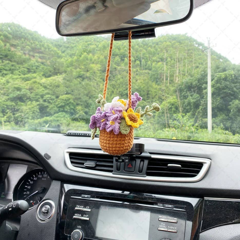 Crochet Flower Pot Car Mirror Hanging Charm, Car Plant Decor