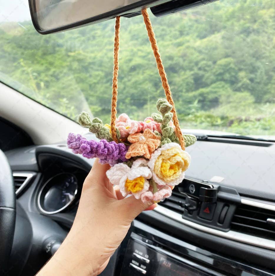 Crochet Flower Pot Car Mirror Hanging Charm, Car Plant Decor