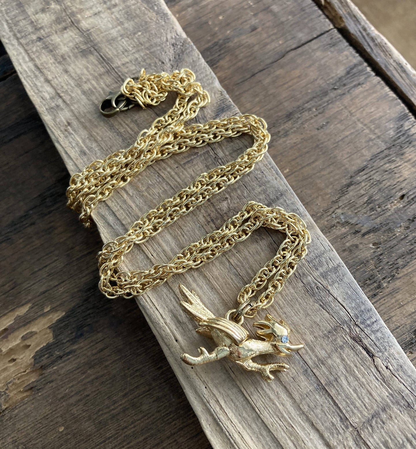Gold Plate & Rhinestone Roadrunner Charm Pendant Necklace