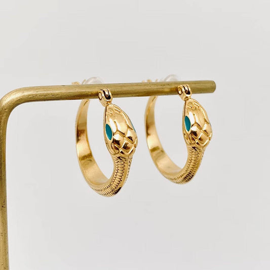 Enamel Green Eyes Snake 18K Gold Plated Hoop Earrings