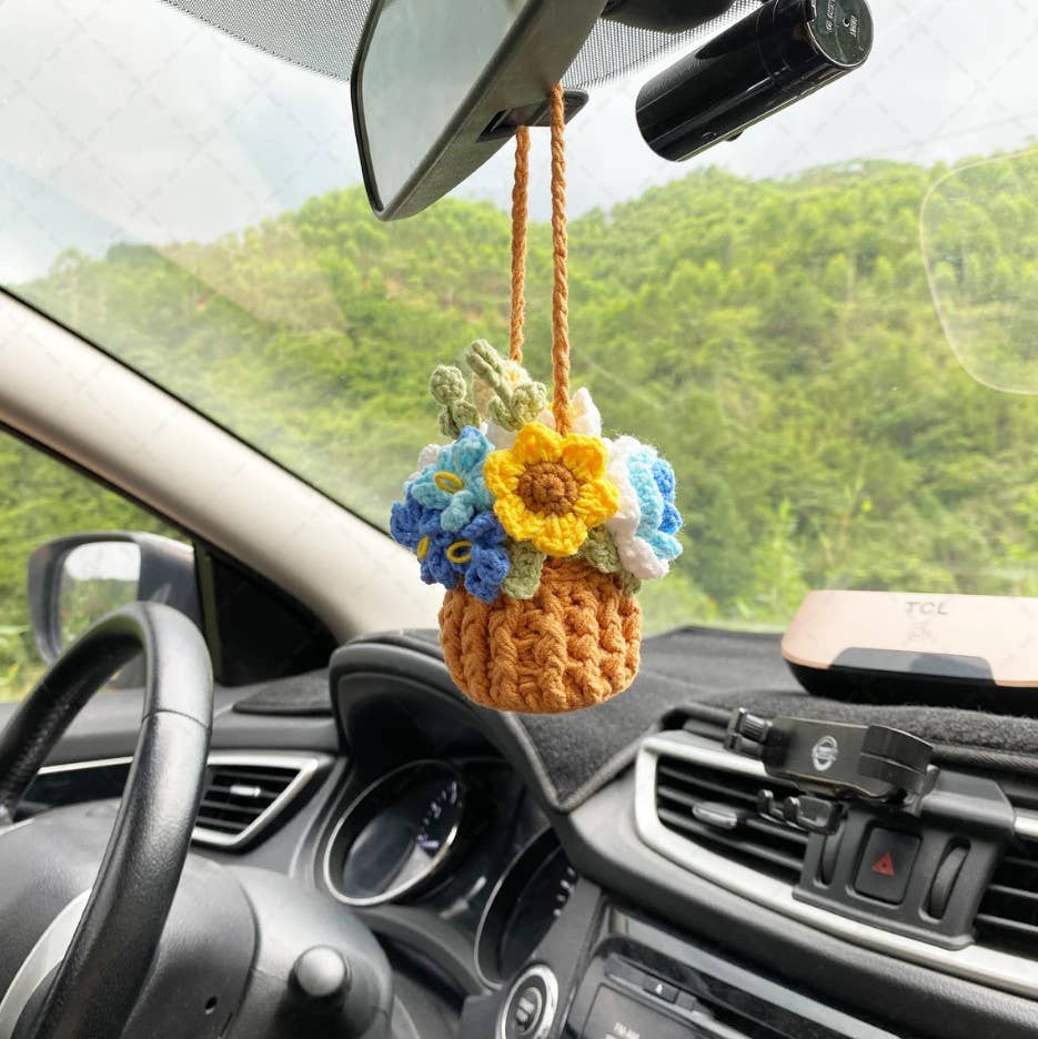 Crochet Flower Pot Car Mirror Hanging Charm, Car Plant Decor