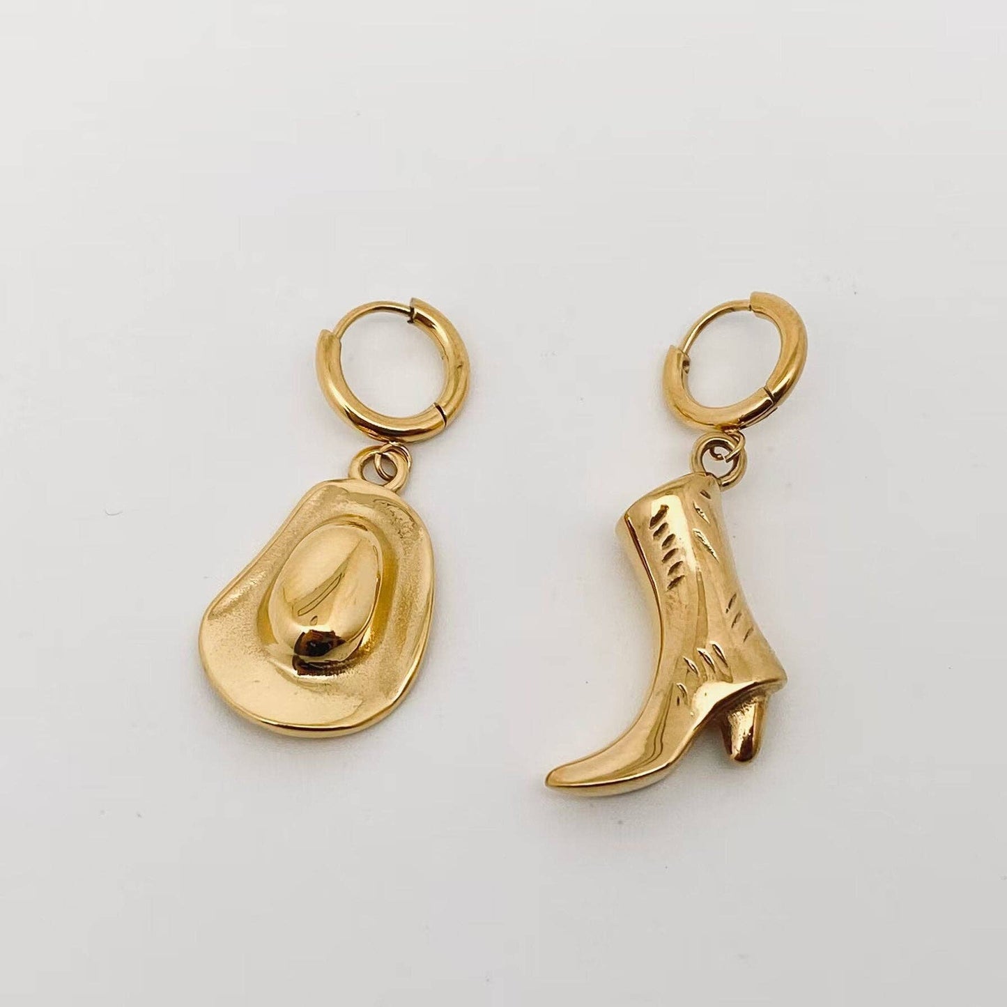 Western Cowgirl Hat Boot Asymmetric Huggie Earrings - FGS/WJ