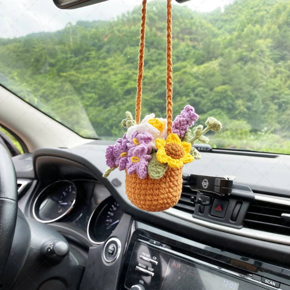 Crochet Flower Pot Car Mirror Hanging Charm, Car Plant Decor