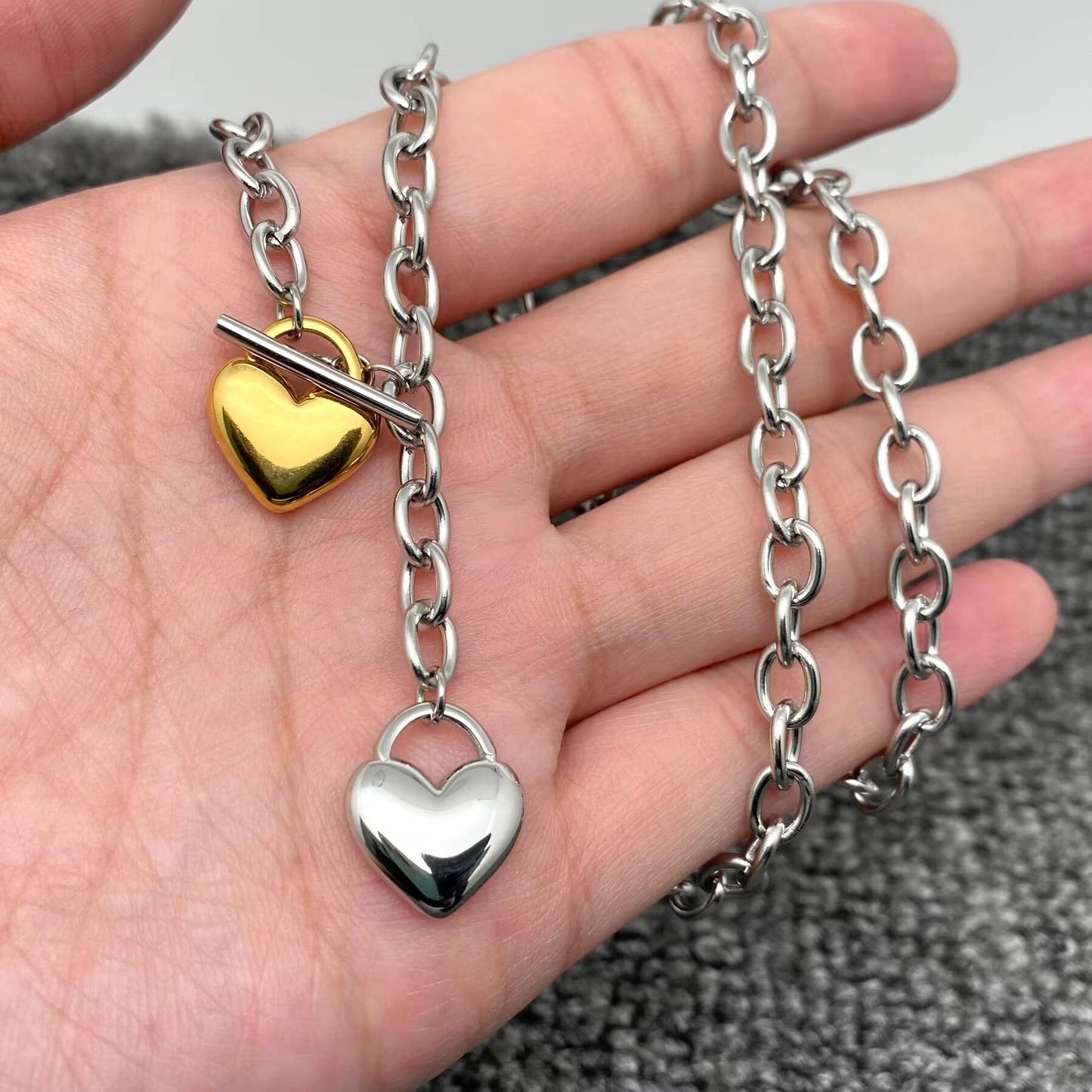 Two Tone Heart Charm Y-neck Chain Necklace