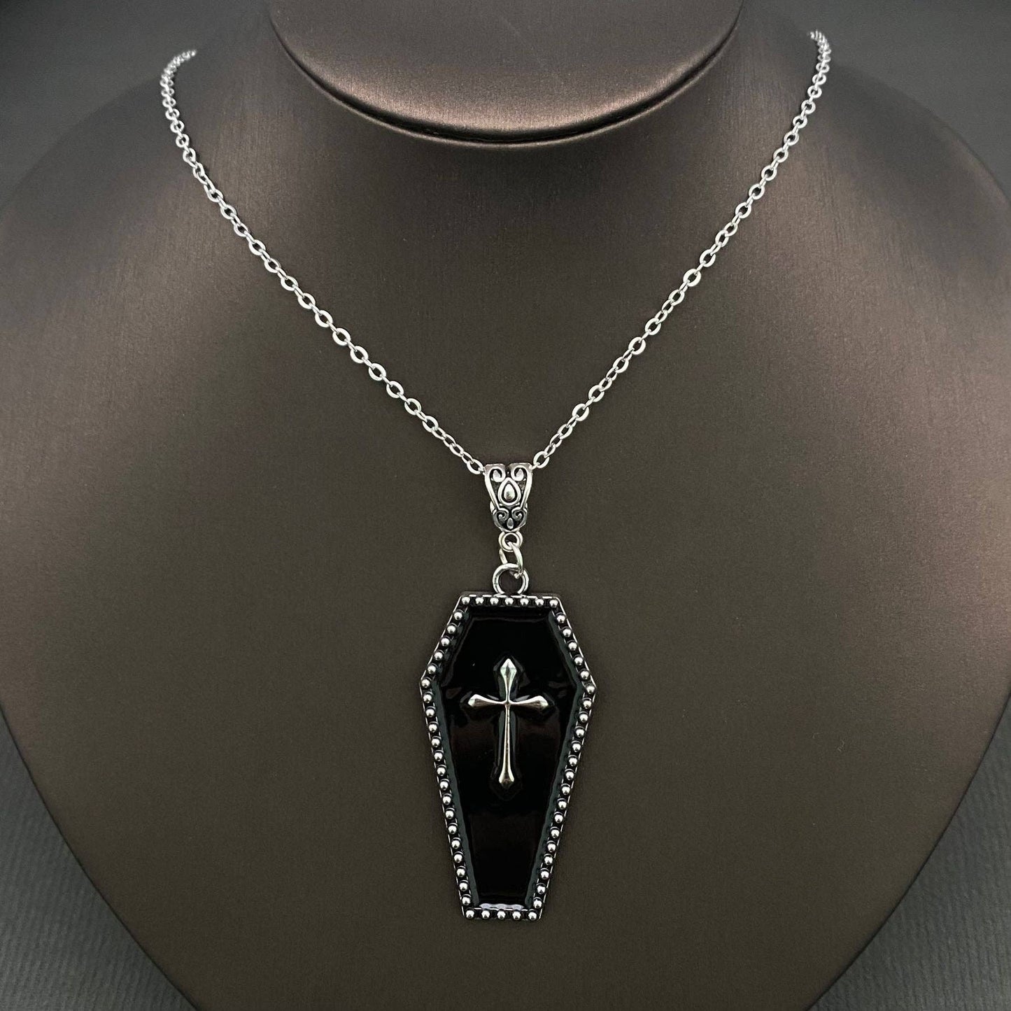 Gothic Enamel Cross Coffin Charm Necklace
