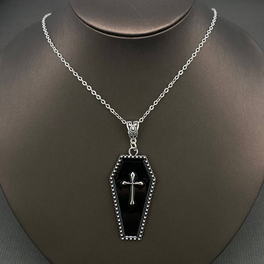 Gothic Enamel Cross Coffin Charm Necklace