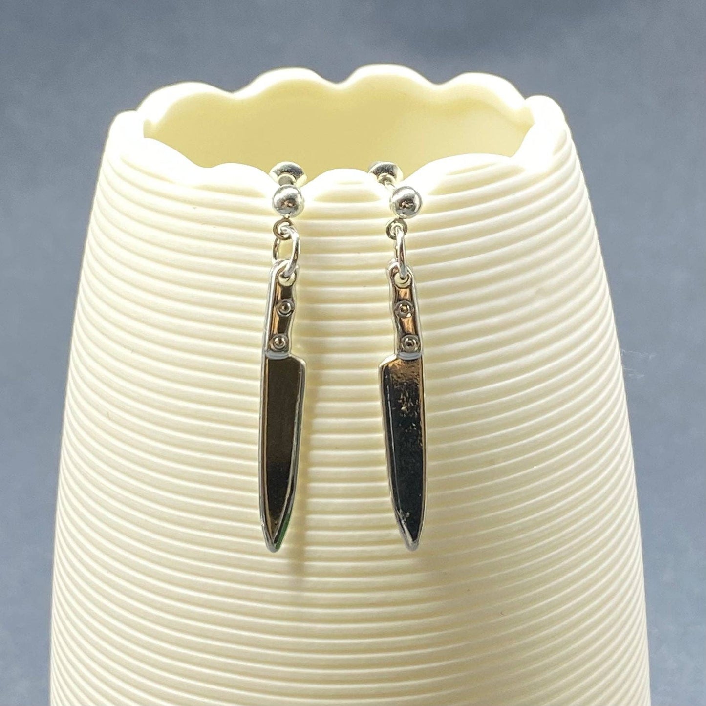 Silver Tone Metal Knife Dangle Earrings