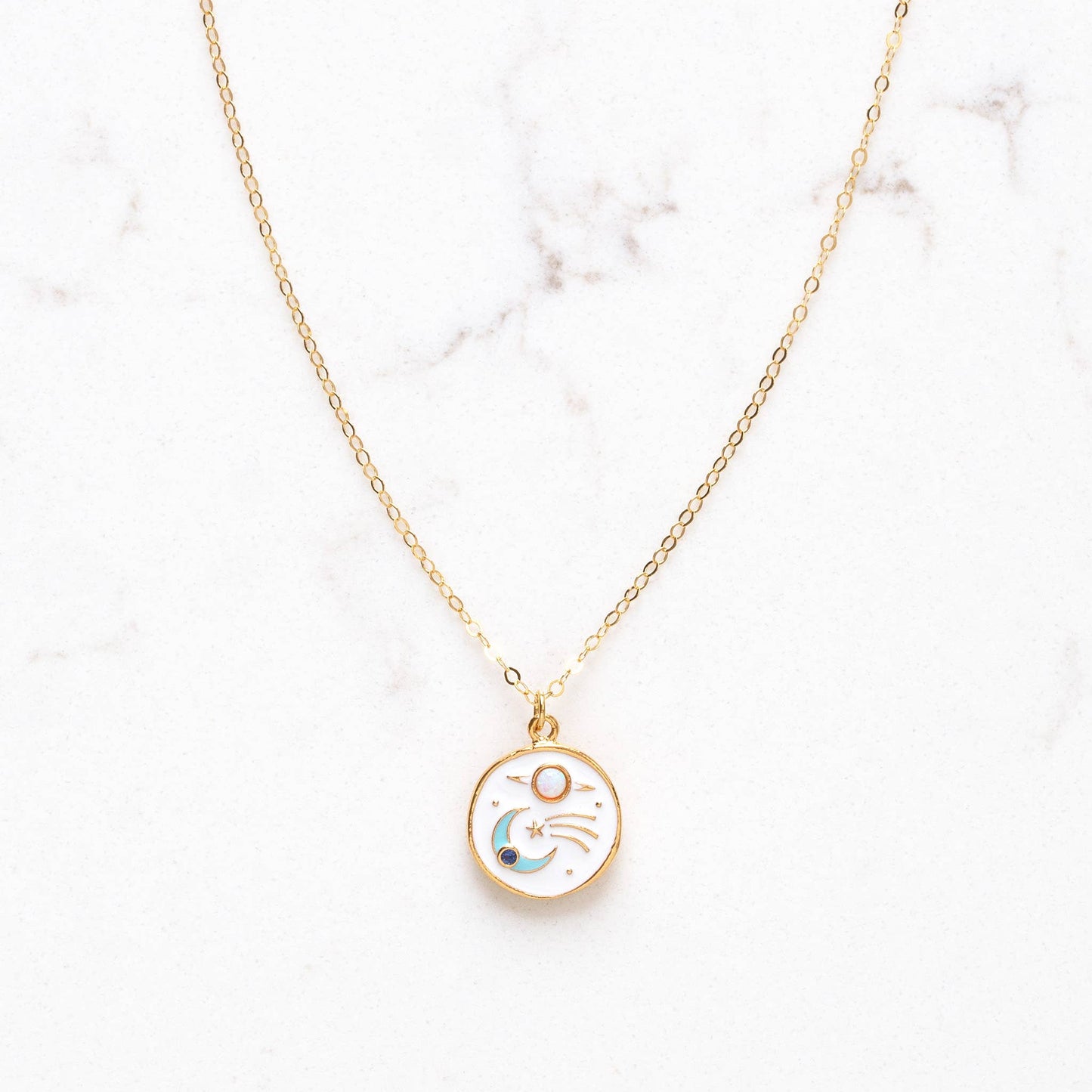 Celestial Moon and Comet Opal Enamel Necklace