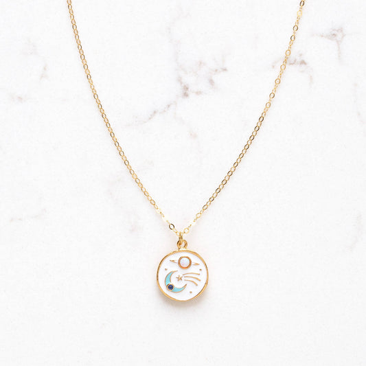 Celestial Moon and Comet Opal Enamel Necklace