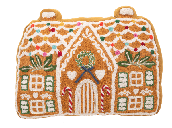 Embroidered Gingerbread House Pillow