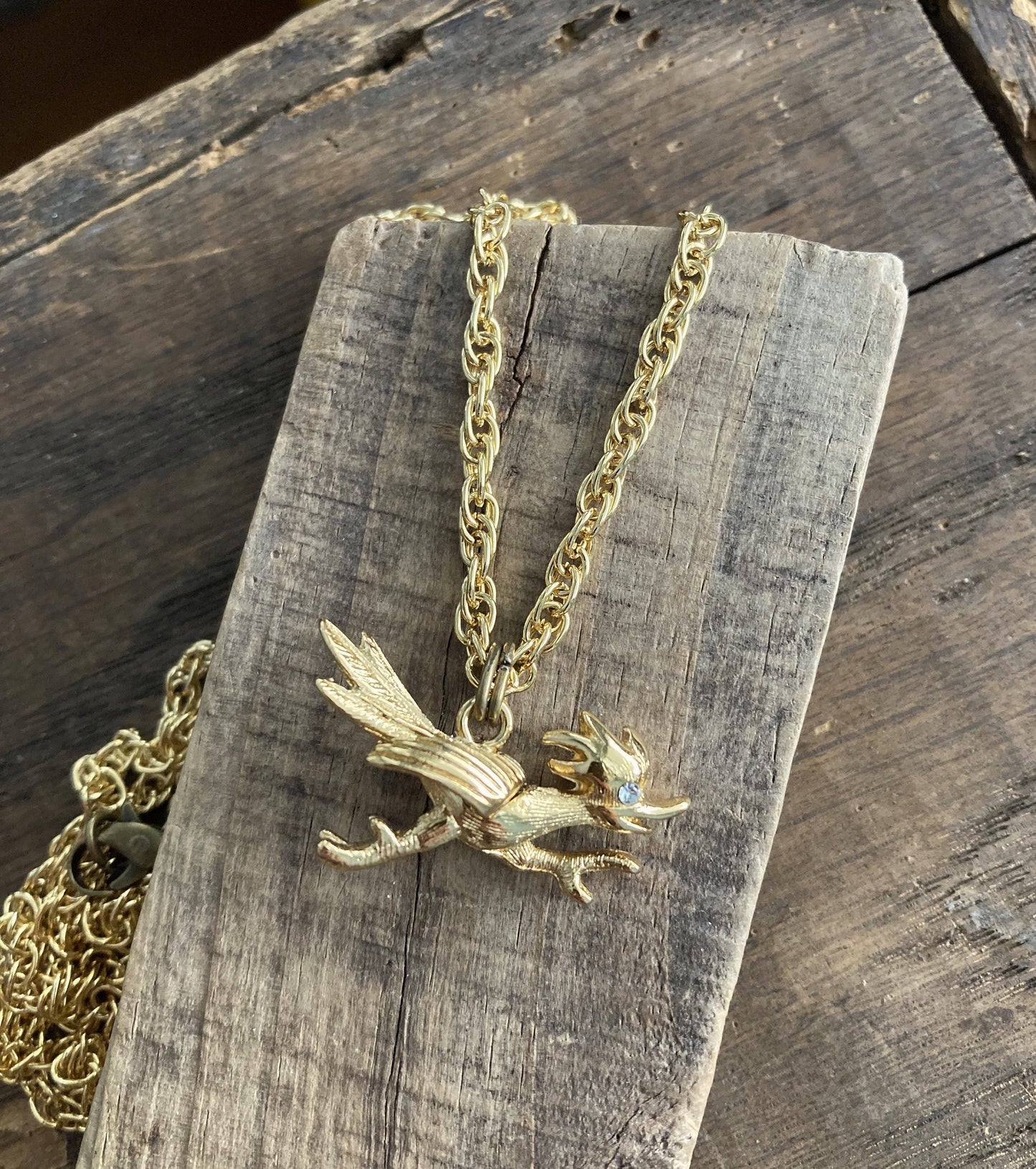 Gold Plate & Rhinestone Roadrunner Charm Pendant Necklace