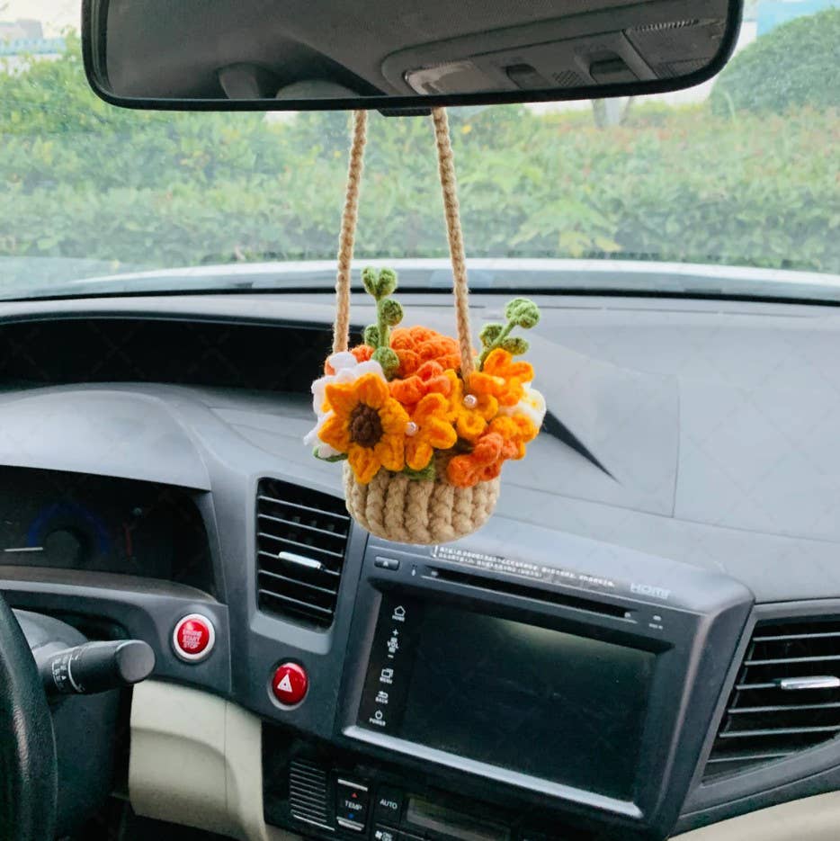Cute Crochet Flower Basket Car Mirror Hanging Ornament Decor