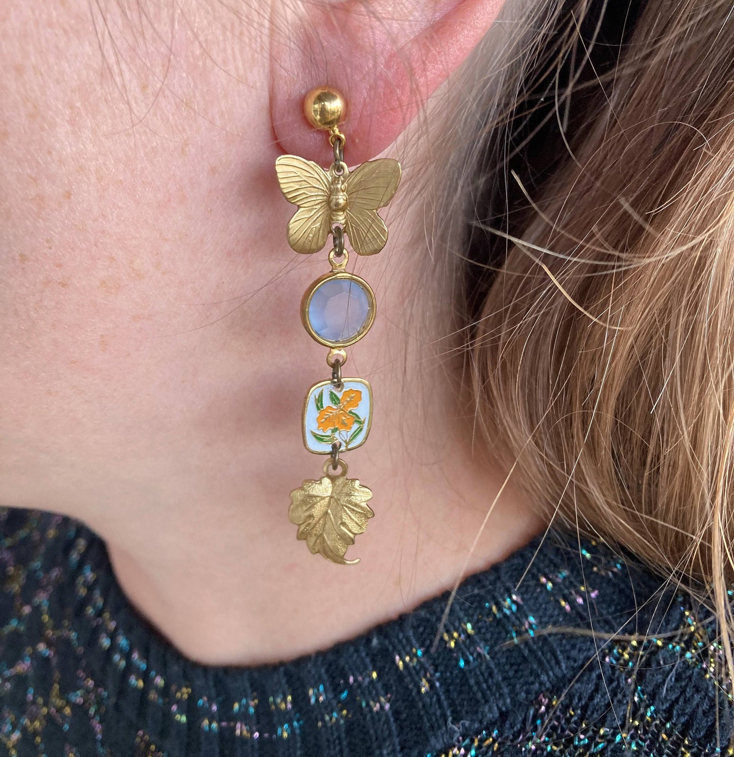 Nature Study Brass & Crystal Charm Earrings